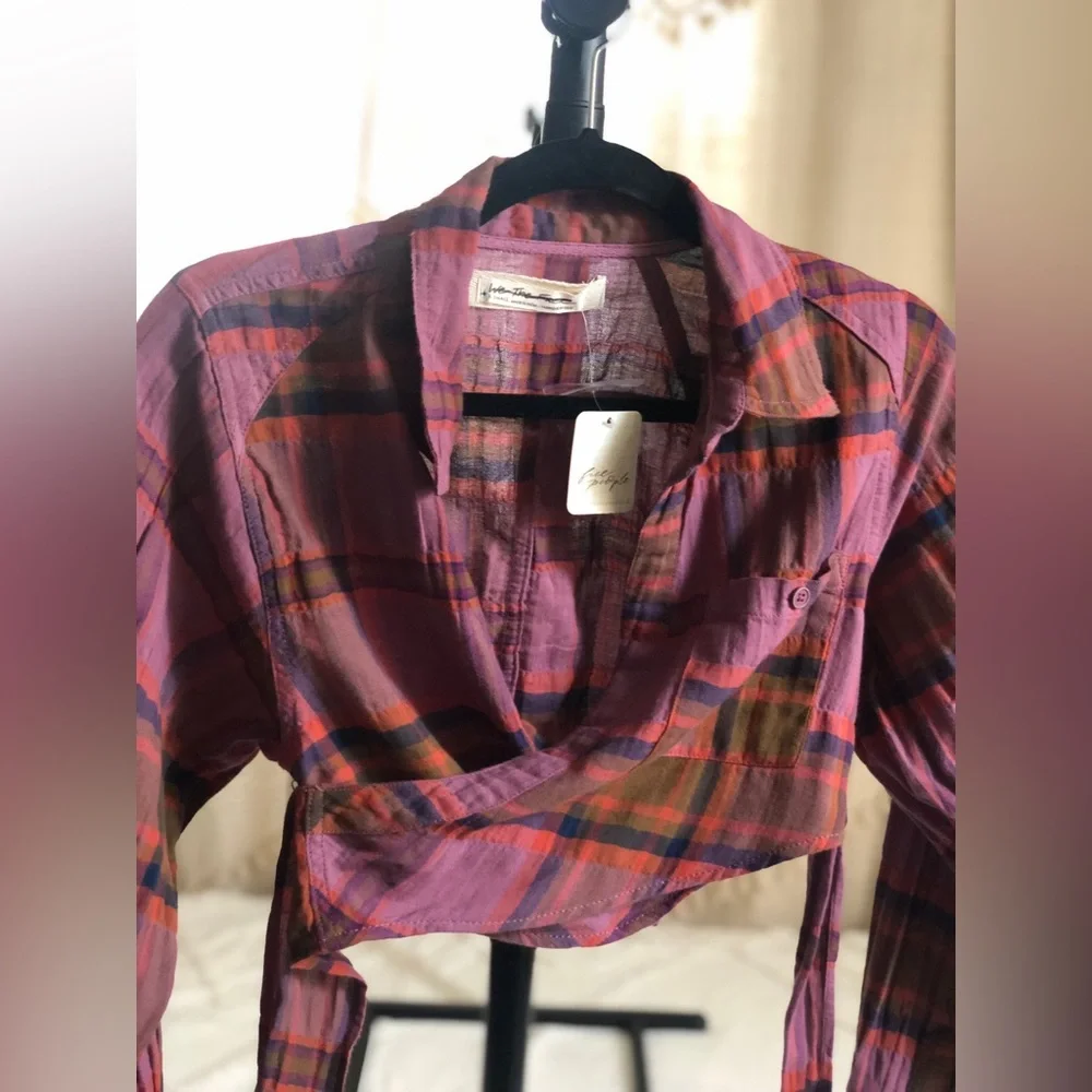 Free People We The Free Purple One Way Plaid Wrap Top Size Xs Crop Top NWT